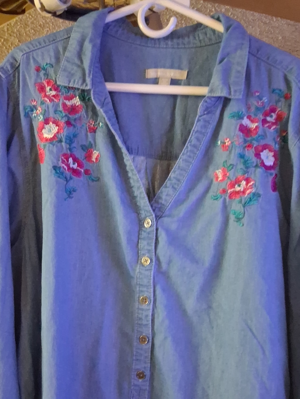 Woman Within Chambray Button-Down Top with Pink Floral Embroidery